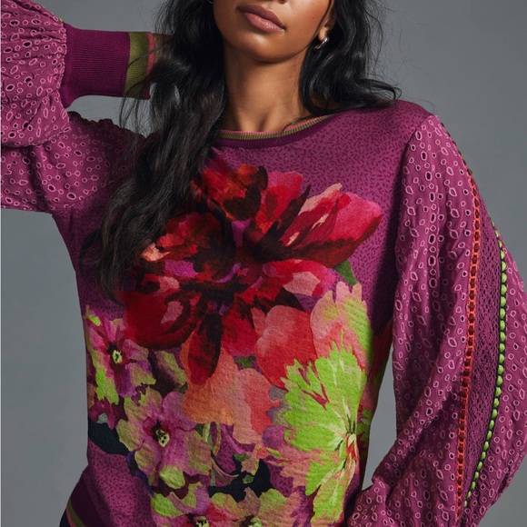 NWT Bl-Nk for Anthropologie | Contrast Eyelet Violet Pink Pullover | XL - Picture 8 of 9